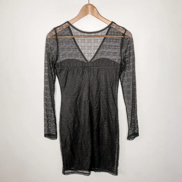 Dynamite Black Eyelet Lace Inset Mesh Bodycon Dress Sz S - Picture 2 of 8